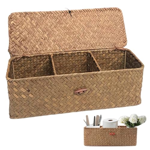 Muzrunq Cesta de Almacenamiento de Mimbre, 3 Compartimentos, cestas de Almacenamiento de Mimbre con Tapa, Organizador de Cesta de baño Tejida para Inodoro, Tapa del Tanque, baño, hogar.