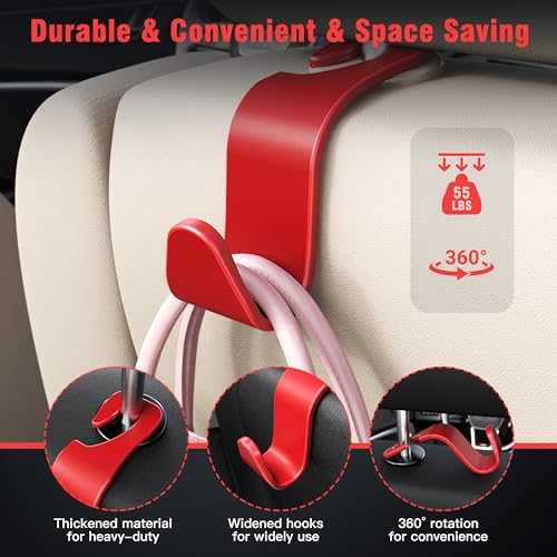 Image of 4-Pack Car Headrest Hooks Holds 55lbs Seat Storage Organizer for Bags | Durable ABS Material, 360 Rotating, Car Hanger for Backpack Umbrella Water Bottle Coat Purses Handbags Groceries, Red