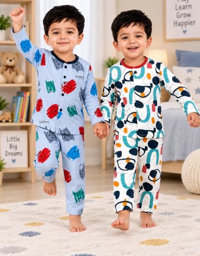 Image of 3BROS Kids Pure Cotton Night Suit Set | Boys Girls Printed Sleepwear Shirt & Pajama Clothing Combo | Soft Breathable Night Dress Outfit | Pack of 2