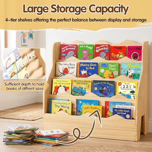 Image of Kids Bookshelf Montessori Wooden Bookcase 4 Tier Front-Facing Organizer | Effortless Assembly; Front-Facing Design for Independence; Child-Friendly Height; Holds 60-80 Books; Sturdy Construction