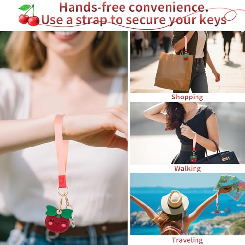 PSRAT Airtag Keychain Holder - Cute Kawaii Faux Leather Case 3-in-1 with Hidden Keychain Cover, Detachable Wrist Strap & Anti-Loss Hand Band, Anti-Scratch Protective Case for Airtag (cherry) - image 2
