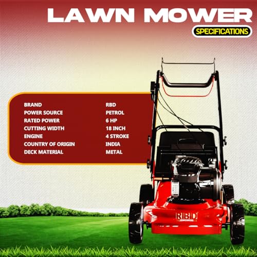 Image of RBD 6HP Petrol Lawn Mower - 18-Inch Cutting Width, 4-Stroke Engine Gas Powered Grass Cutter with Metal Deck & Heat-Treated Alloy Steel Blades - Heavy Duty Push Mower for Landscaping