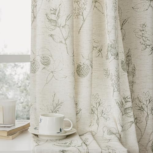 Image of FMFUNCTEX Linen Curtains Floral Patterned Curtain for Bedroom Living Room, Sage Green Curtains 96 Inches Long Farmhouse, Light Filtering Beige Window Curtain Grommet Top 2 Panels Set