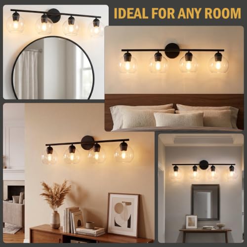 Image of 4 Light Bathroom Vanity Light, Black Vanity Light with Globe Glass Shades, Farmhouse Bathroom Light Fixtures Over Mirror, Modern Wall Light Fixture for Bedroom Hallway, E26 Socket