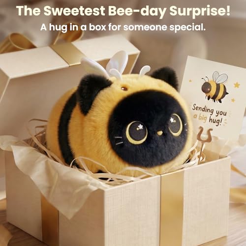 Image of Mewaii Black Cat Bee Plush Kawaii Plushies, Ultra-Soft Feel, 8 in | Starry-Eyed Cat Design, 8 in Portable Size, Cuddly Plush, Gentle Machine Washable, Desk Decor, For Kids, Teens & Cat Lovers