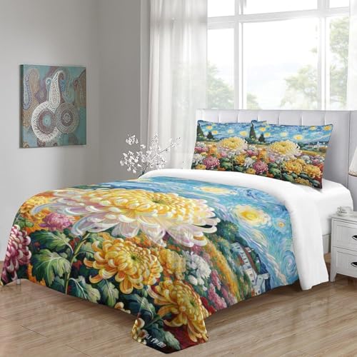 Housse de couette chrysanthème 3D microfibre douce lit King parure de lit zippée - 5