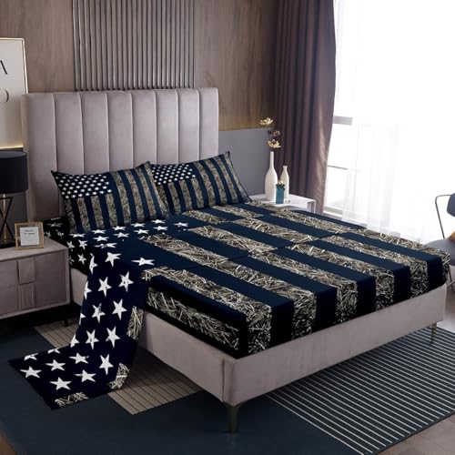 jejeloiu American Flag Fitted Sheet Twin Size Kids Camo Bedding Set for Boys Girls Teens Balck Navy Blue Bed Sheets Set
