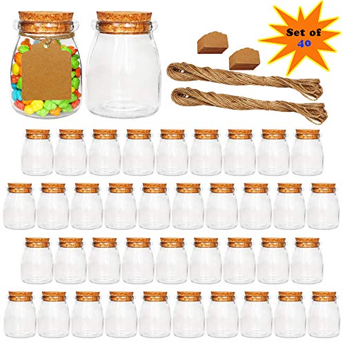 Ritayedet Glass Favor Jars 7oz Glass Jars with Cork lids Small Glass Bottles with Extra Strings and LabelsSet of 40