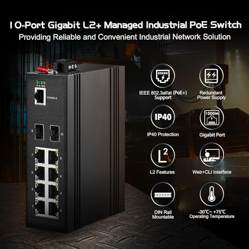 Image of 10 Port Gigabit Industrial Managed PoE Switch, 8 PoE, 2 SFP, IEEE802.3AF /AT, Vlan|Route|Ring|ACL|Qos L2+ Web /Console Binardat IP40 DIN-Rail Switch