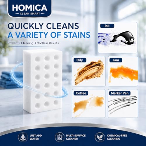 Image of Pack of 4 Homica Magic Eraser Cleaning Sponge | Chemical-Free Multi-Purpose Cleaning Sponge | Just Add Water | Removes Marks, Stains | for Kitchen, Bathroom, Walls, Shoes & Appliances