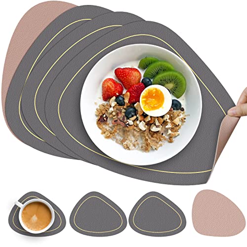 Platzsets Abwaschbar,KERNOWO Tischsets und Untersetzer Abwaschbar 4er Set, Doppelseitige Tischsets Abwischbar Leder Kunstleder für Küche ,Hitzebeständig, rutschfest(Pulver und dunkelgrau) Cover