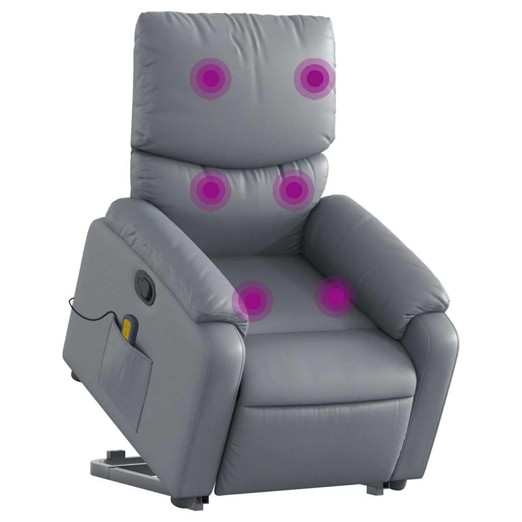 Sillón elevador reclinable con masaje de 6 puntos, color gris, piel sintética, para personas mayores, función de elevación eléctrica y vibración, cómodo asiento acolchado