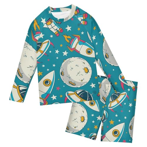 Aflyko Kids' Bathing Suit Set UFO Spaceship Planet Astronaut Long Sleeve Swim Tops with Shorts Summer Vacation Pool Party Rashguard Fun Cute Infant Beachwear, 4T Multicoloured