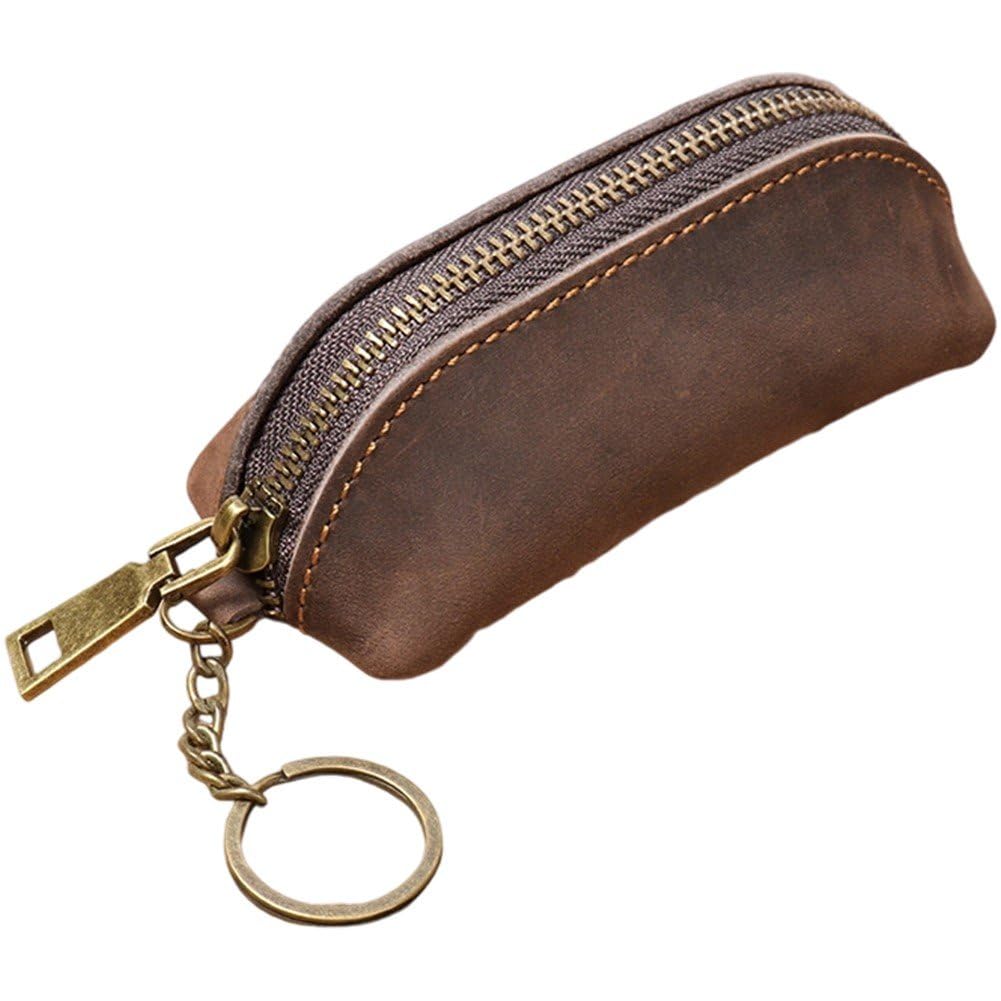 Fituenly Men's Coffee Leather Zipper Coin Pouch, Handcrafted Coin Organizer Change Holder Keychain Coin Purse For & Wo