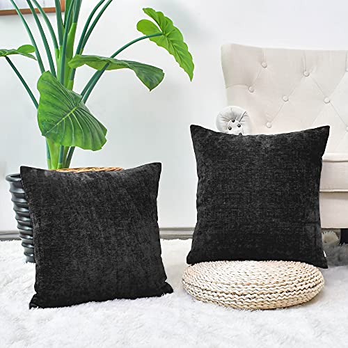 Image of CaliTime Pack of 2 Cozy Throw Pillow Covers Cases for Couch Sofa Home Decoration Solid Dyed Soft Chenille 12 X 12 Inches Black