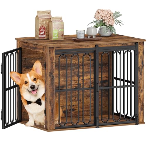 HEXCELEN Hundekäfig-Möbel aus Holz, 81 cm Hundebox für Zuhause, Hundekäfig mit 2 Türen, Schiebetüren, für Kleine, Mittlere Hunde, Robuster, Beistelltisch, 81 × 55 × 62,4 cm, Braun