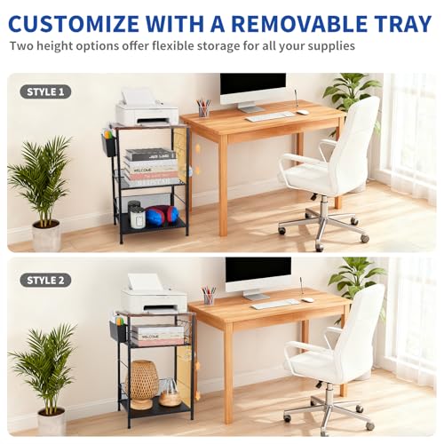 LEKETREE Small Under Desk Storage, Brown Printer Stand with Storage Shelf, 3-Tier Height Adjustable Printer Table with Basket & 3 Hooks for Home Office Fax Machine Scanner Files