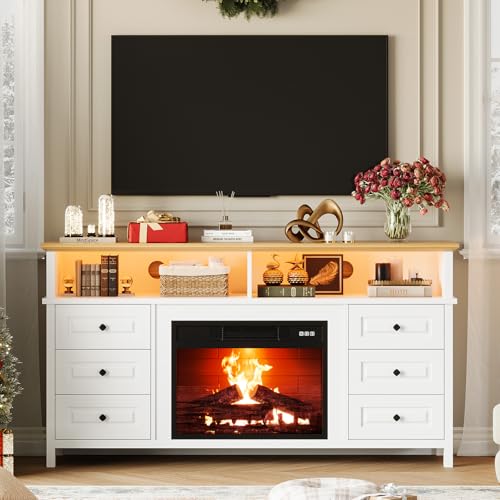 With Electric Fireplace, 60" Entertainment Center For 65 Inch Tv, Led Light Smart Rgb, Modern Farmhouse Console, 6 Drawers Storage，fit Into 23''electric Fireplaces(white)
