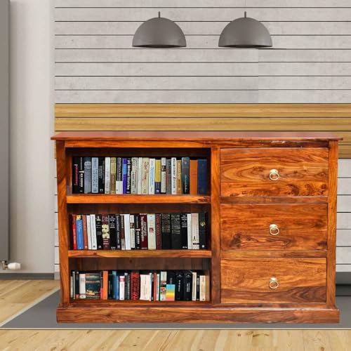 Image of Solid Wooden Book Shelf | Bookcase | Storage Cabinet for Living Room, Bedroom, Hotel & Home, Honey Finish, (L 115 x D 40 x H 105 cms)