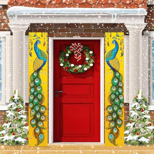 Image of BlissYard 2pcs Spring Summer Door Banner Stained Peacock Porch Banner Hanging Porch Banner Summer Decor for Outside Seasonal Outdoor Indoor Elegant Home Decoration Supplies
