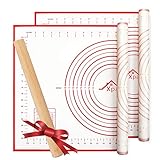 【2 Pack】Silicone Pastry Mat with 【1 Pack】Rolling Pin, Xpatee Silicone Baking Mat with Measurements for Rolling Dough, Extra Large Non-slip Rolling Mat,Fondant Mat,Pizza Mat and Cookie Mat (16' x 24')