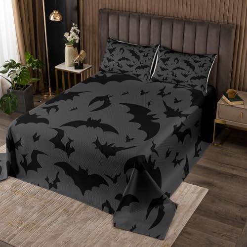 Castle Fairy Bats Bedspread Twin Size,Night Bedding Coverlet for Kids Teens Bedroom Decor,Black and Gray Bedding Set 2Pcs,1 Pillowcase