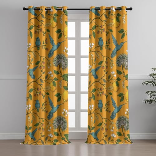 Image of BFAM Floral Print 100% Blackout Curtain with Black Linning at Back, Floral Print Curtains for Living Room /Bedroom Thermal Insulated Energy Saving, Yellow Bird, 7FT, Pack of 1 Curtain