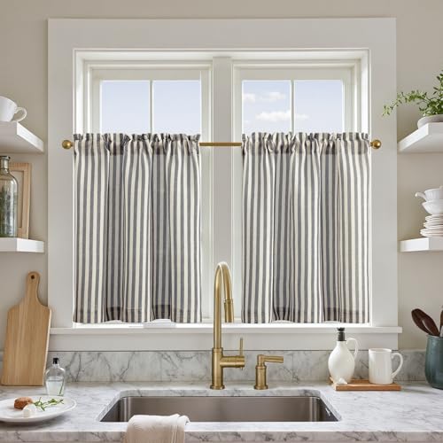 TOPICK Visillo a Rayas, Cortina de Lino con Rayas, Cortina de Cocina, Opaca, Corta, para Cocina, Comedor, baño, pequeña Ventana, 65 x 60 cm, marrón sobre Beige