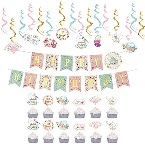 Tea Party Decorations Floral Happy Birthday Banner Tea Birthday Party Decorations Hanging Foil Swirls Cake Toppers for Afternoon Hen Party Spring Birthday Baby Shower Decorations Cover