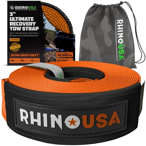 Image of Rhino USA Recovery Tow Strap (3 inchx20')- 31,518lb Break Strength- Emergency Recovery Strap Tow Rope for Truck, UTV, ATV & More- Heavy Duty Towing Strap for Offroad 4x4 Use- Compatible with Jeep (Orange)