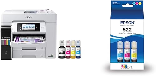 Epson - Impresora EcoTank Pro ET-5850 Supertank inalámbrica a color, todo en uno, color blanco y paquete de botellas de tinta EcoTank T522 a color,