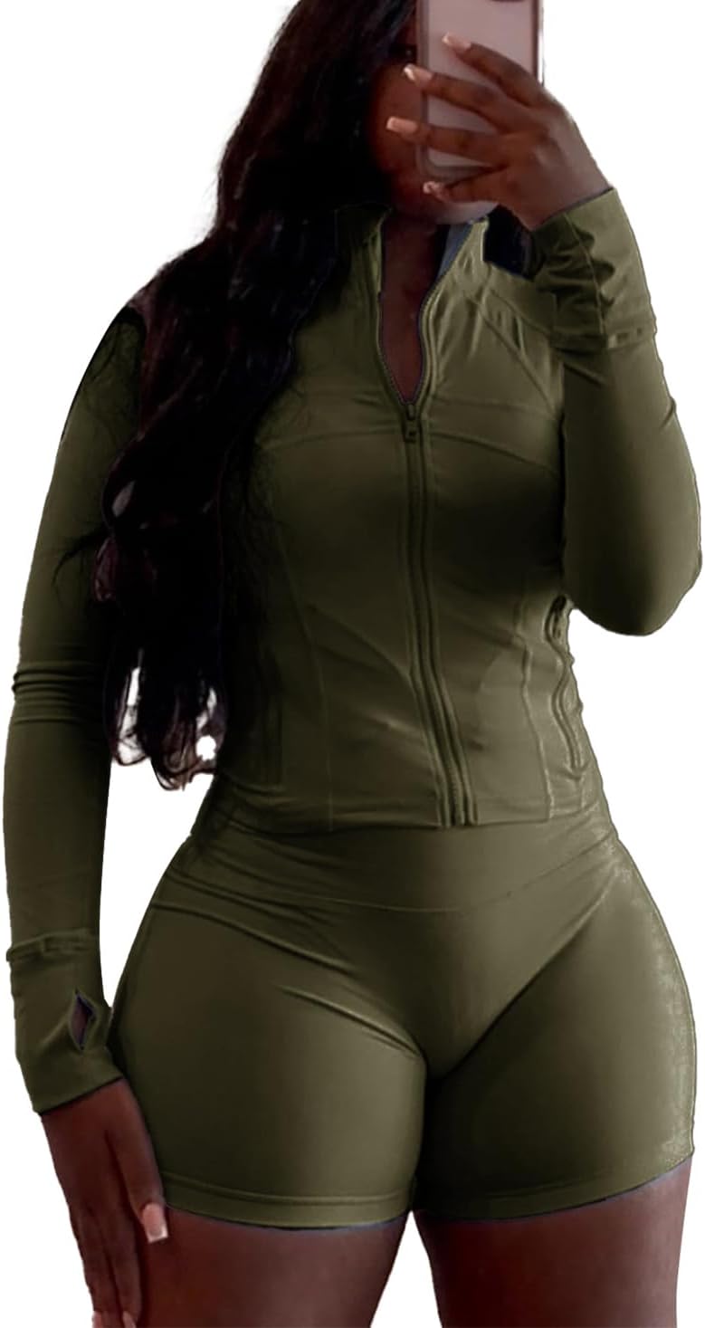 Women Workout 2 Piece Outfits Sets Long Sleeve Zipper Jacket Bodycon Shorts Set Yoga Jogging Sweatsuit
