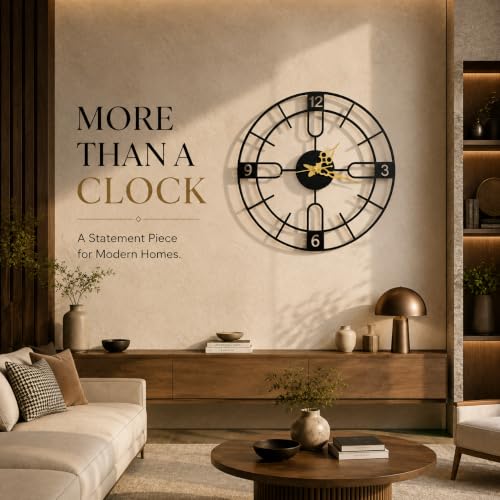 Image of 40 cm Metal Wall Clock, Black | Silent Non-Ticking, Skeleton Design, Modern Iron Analog, For Living Room, Bedroom, Hall, Office & Home Decor