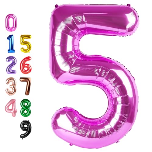 Image of Number Balloons 5 Balloon Hot Pink for 5th Birthday Party Decoration, 40 in | Saturated Color, Large 40 in, With Straw & Hanging Hole, For Back-to-School Season, Wedding, Christmas, New Year, Anniversary