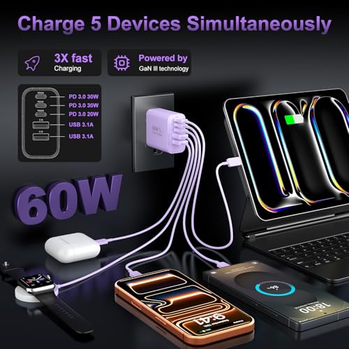 Image of USB C Fast Wall Charger Block, 2Pack 60W USBC Charging Cubes, 5-Port PD+QC Power Adapter Multiport Brick Type C Box Plug for Phone 17 /16 /15 /14 /13 /12 /11 /Pro Max /Plus, Pad Mini /Pro /S25 /S24-Lavender