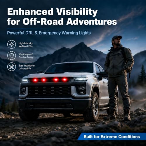 Image of Car Front Grill Set of 4 Pcs Universal Smoked Shell Style DRL Emergency Warning Off-Roading Lights (4 X 4) for All Cars, Vans, SUV, Trucks (Red)