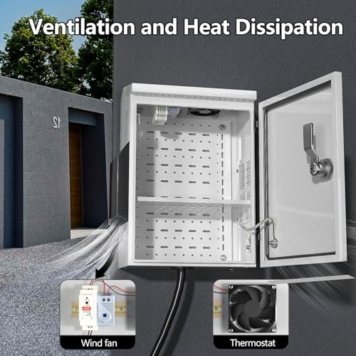 Image of Outdoor Electrical Box with Thermostat and Fan, Cold-Rolled Steel Plate, Aluminum Alloy Back Beam, One-Piece Ventilation Design, IP65 Waterproof, Wall /Pole Mounted. (17.7 inch x 13.8 inch x 8 inch)