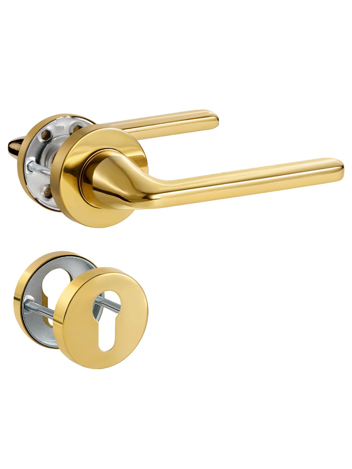 SORWDUERM 2 coppie di maniglie per porte in oro Pvd, acciaio inossidabile opaco, set di maniglie per porte d'ingresso e interne, forma a L, rosetta rotonda, cilindro profilato PZ