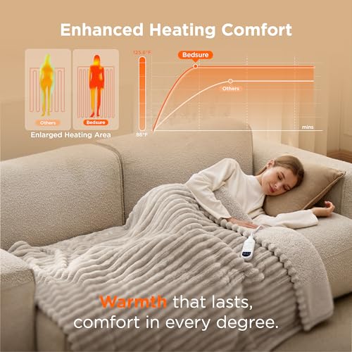 Image of Bedsure Heated Blanket Electric Throw - Thick Striped Flannel Electric Blanket, Heating with 4 Time Settings, 6 Heat Settings, and 3-Hour Timer Auto Shut Off, Gift for Grandma (50x60 inches, Linen)