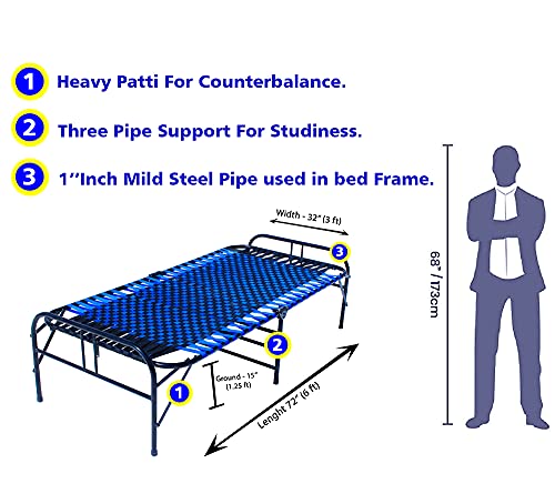 Image of Folding Bed | 1 Year Warranty | Portable Single Bed | 3X6 Feet Bed Size | Strong Iron Steel Metal Frame Pipe | Bed for Sleeping Guest, Easily Storable (Synthetic Strip Blue)