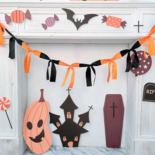 Image of Halloween Stain Bow Garland | 6ft Linking Knot Bow Banner with 3ft Extend Ribbon for Halloween Party Vibes Wreath & Spooky Boo Decor (Orange & Black, 6ft)