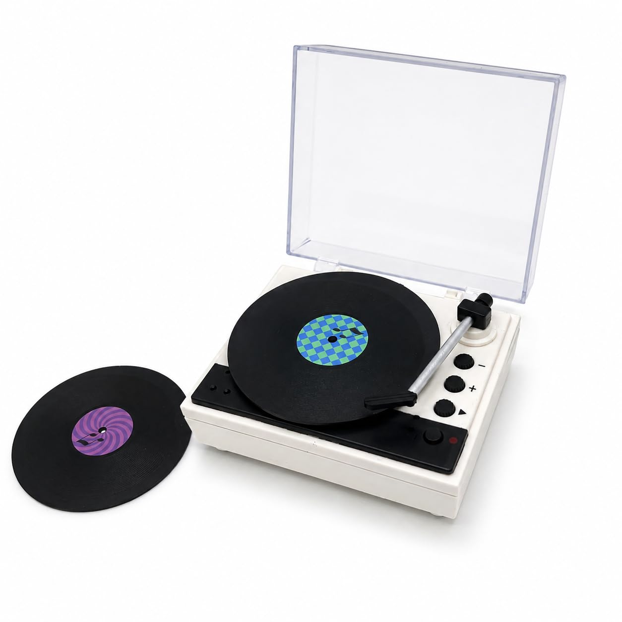 Retro Tiny Turntable with Recording Function, 3 Mini Discs, Auto-Rotating Playback, USB-C or AAA Power, Built-in 3W Speaker, Decorative Desktop Gift-image-4