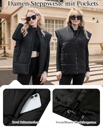 Rave on Friday Weste Damen Herbst Leichte Steppweste Stehkragen Ärmellos Westen Freizeit Warme Reißverschluss Übergangsweste Jacke Damenwesten Schwarz M