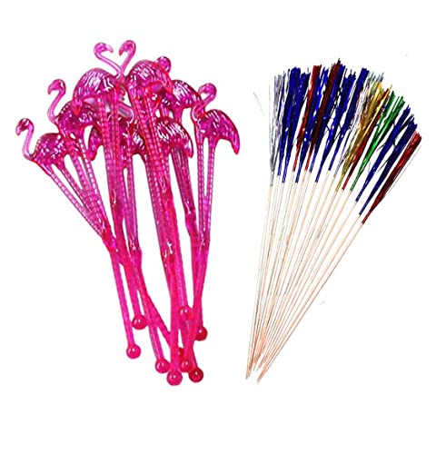 Antetok 75 Pièces Batons de Cocktail, Piques à Cocktail en Bois 50pcs Bâtons de Feux D'artifice et 25pcs Bâtons D'agitation Flamingo Décoration de Cocktails pour Nourriture Décorée, Verre à Cocktail Cover