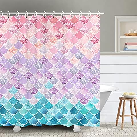 Shower Curtain 3D Mermaid Scales, Lilac Purple Pink Blue Ocean Theme, Bathroom Bedroom Wall Decor as Tapestry and Photo Booth Backdrop 72 inch Cover