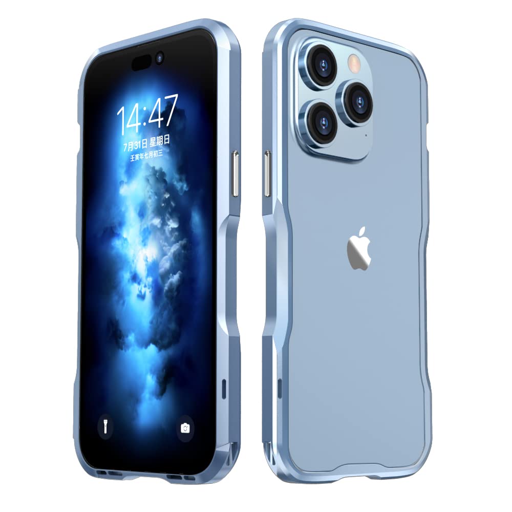 HENGHUI Bumper Case Compatible with iPhone 14 Pro Aluminum Bumpers Metal Frame Bumper Cover Shock Absorbent Slim Cool Design (LightBlue)