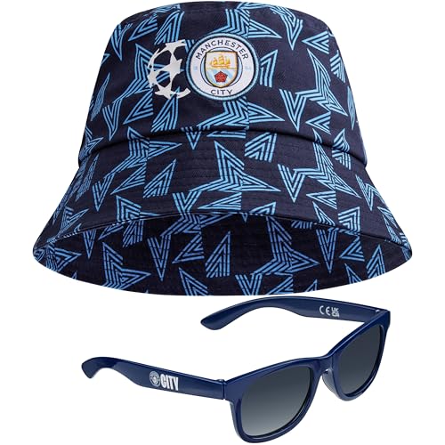 MANCHESTER CITY F.C. Baseball Cap or Bucket Hat and Kids Sunglasses Set Summer Sun Hat 100% UV Holiday Essentials Boys Gifts (Navy Bucket)