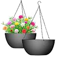 WOUSIWER 13 inch 2 Pack Large Hanging Planters for Outdoor Indoor Plants with Drainage Holes and Chain, Round Hanging Flower Pots for Garden Home Porch Decor
