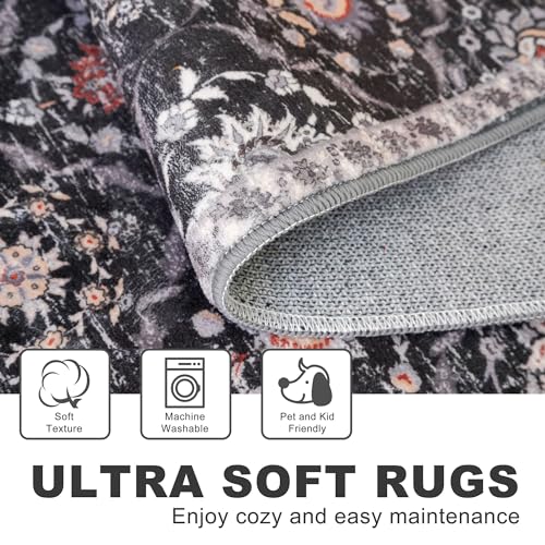 KILOCOCO 2x6 Runner Rug, Moroccan Super Soft Washable Hallway Runner Rug, Accent Print Faux Wool Kitchen Runner Rug 6 Feet Non-Slip Boho Rug Runners for Laundry Room Bedroom, Charcoal/Multi