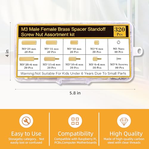 Image of 320 Pcs M3 Motherboard Standoffs and Screws Nuts Kit, Brass Motherboard Standoffs Hex Male Female Spacer,PC Screws for DIY Computer Build, Raspberry Pi, Electronic Projects and Circuit Board